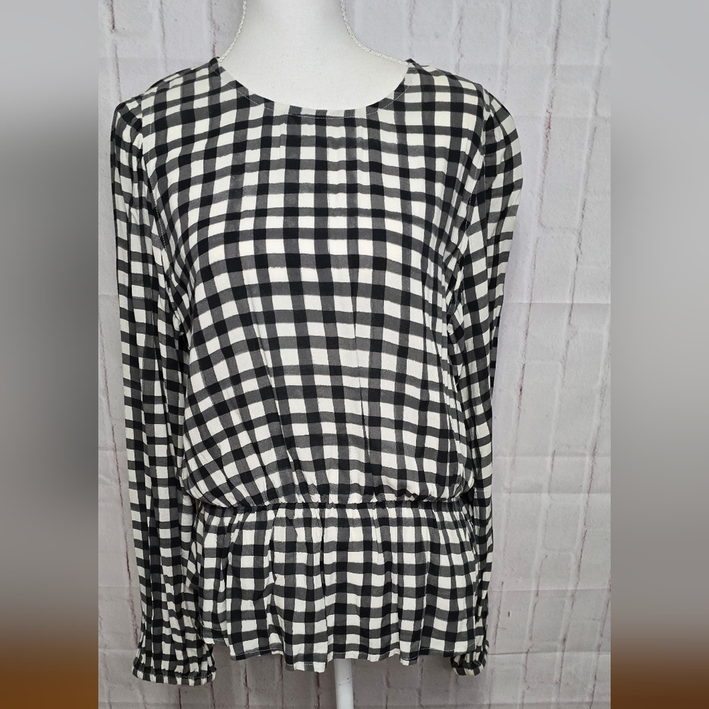 GAP Black and White Gingham Long-Sleeve Peplum Blouse